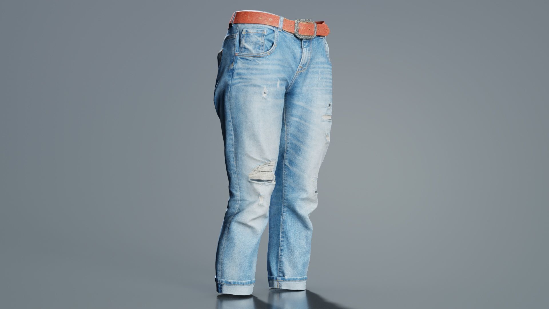 Belted Light Blue Jeans Pants Low-poly 3D model_2