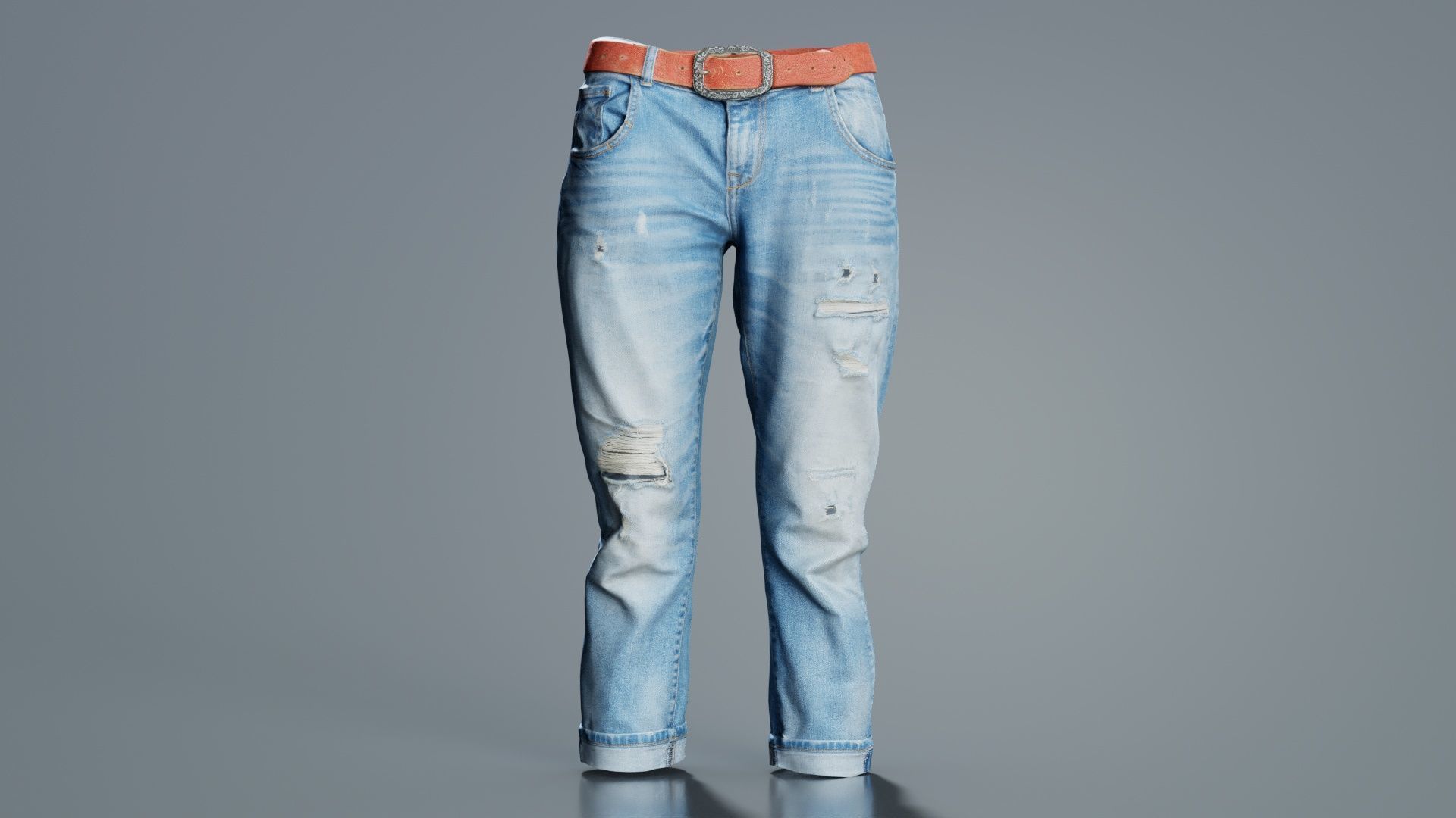 Belted Light Blue Jeans Pants Low-poly 3D model_5