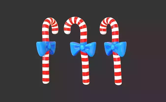 Candy Cane 02 with Bow 3D Model Christmas Decor Low Poly 