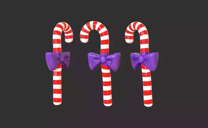 Candy Cane 03 with Bow 3D Model Christmas Decor Low Poly 