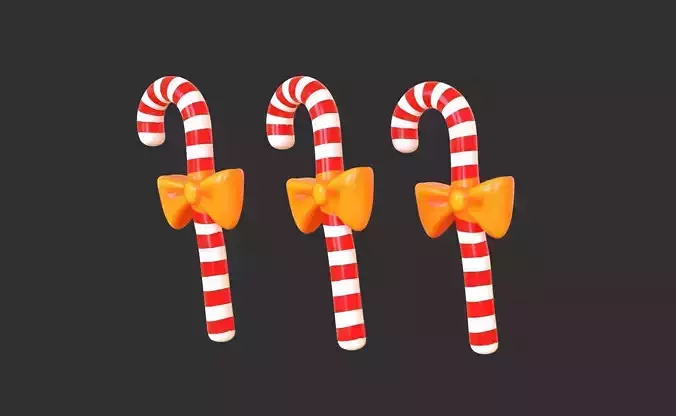Candy Cane 04 with Bow 3D Model Christmas Decor Low Poly 
