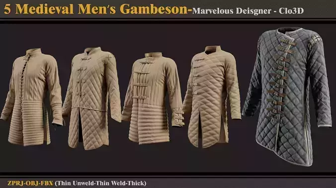 5 Medieval Men Gambesons-MD-Clo3D-ZPRJ-FBX-OBJ