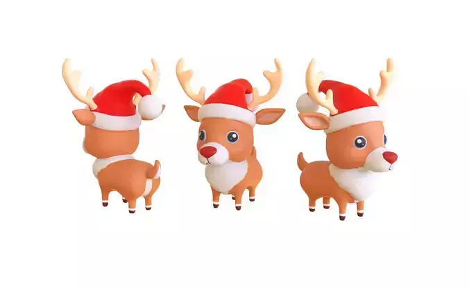 Cute Reindeer Wearing Santa Hat 3D Model Christmas Decor