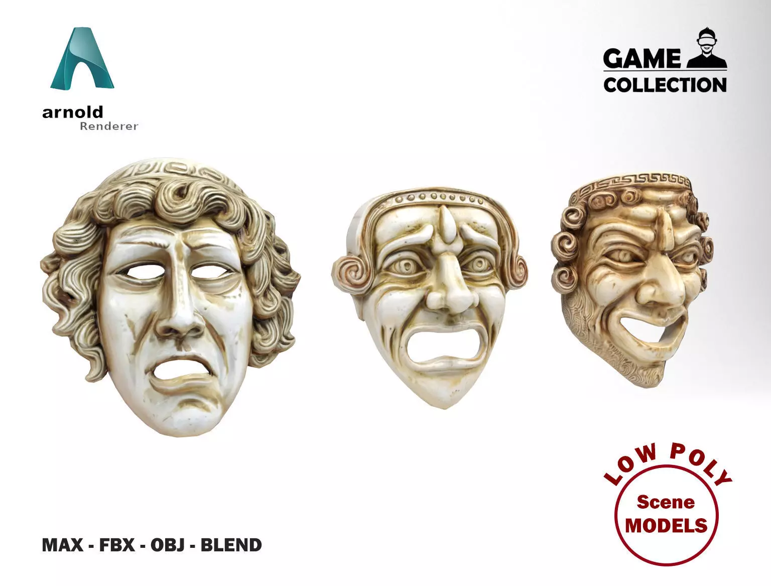 Greek theater masks 2 Low-poly 3D model_0