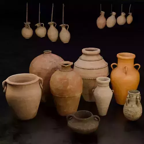 Clay Jars and Hanging Jugs Pack Ancient Weathered Pottery Low-poly 3D model