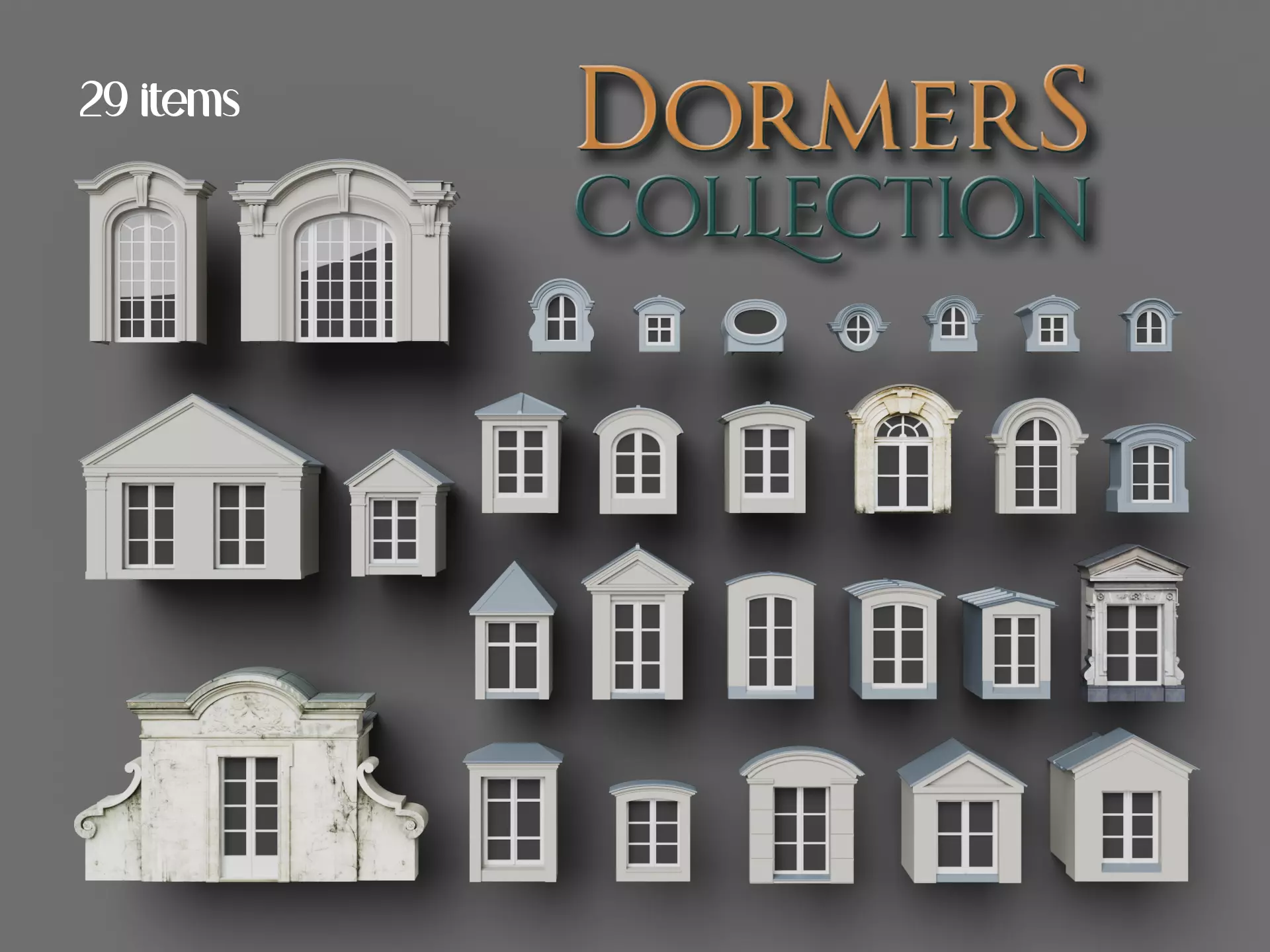 Collection of Classical Dormer Windows Low-poly 3D model_0