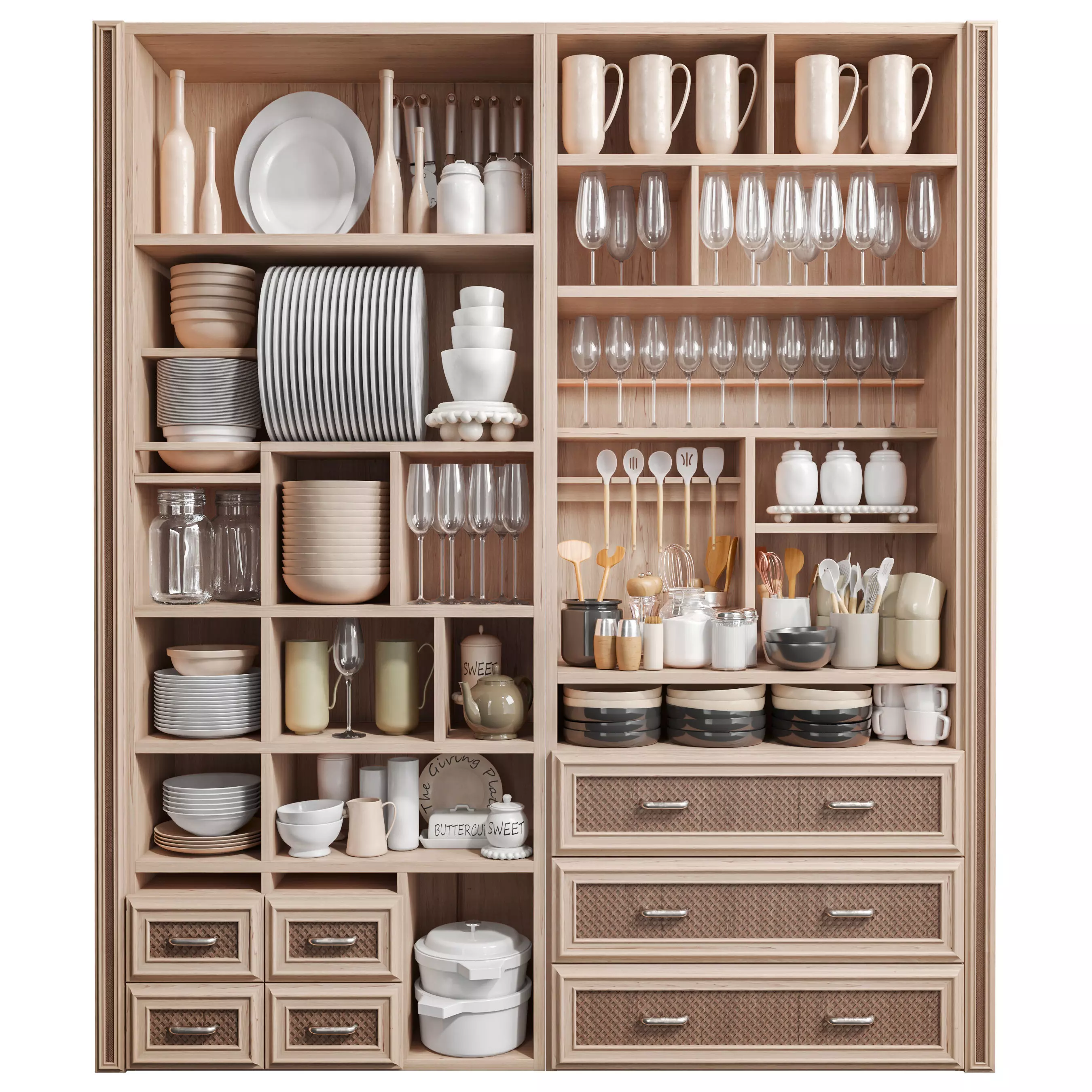 A cupboard with dishes kitchen utensils and a set of dishes 3D model_0