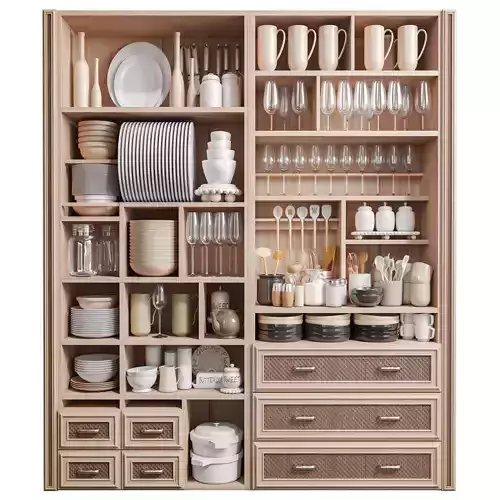 A cupboard with dishes kitchen utensils and a set of dishes 3D model