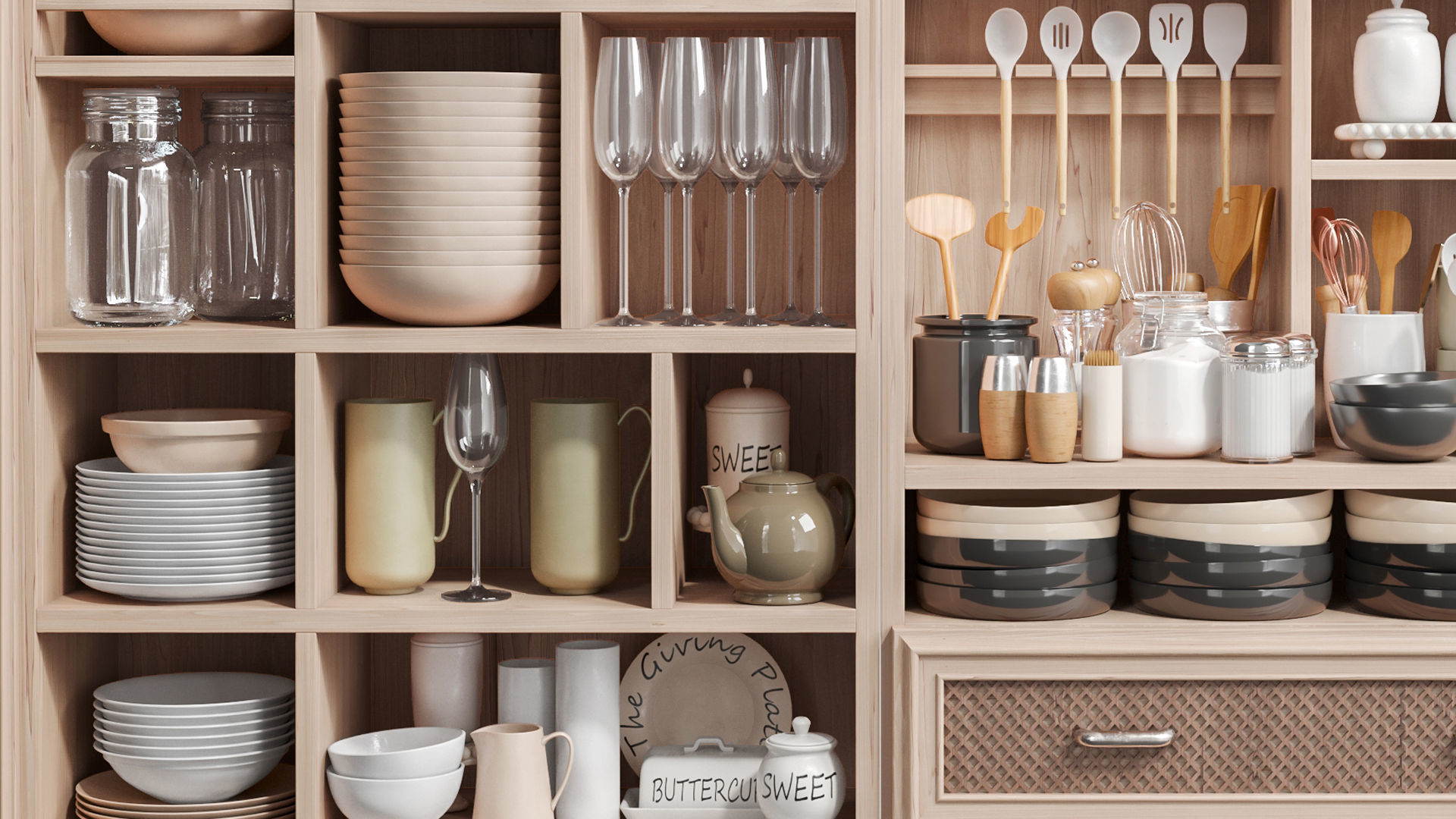 A cupboard with dishes kitchen utensils and a set of dishes 3D model_5