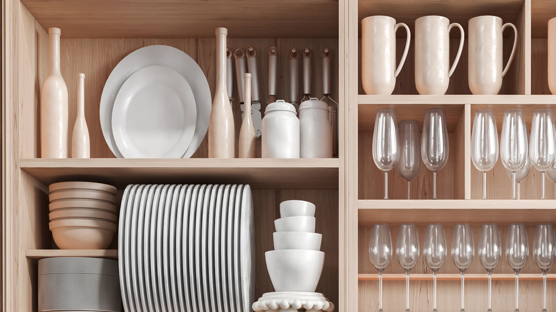 A cupboard with dishes kitchen utensils and a set of dishes 3D model_2