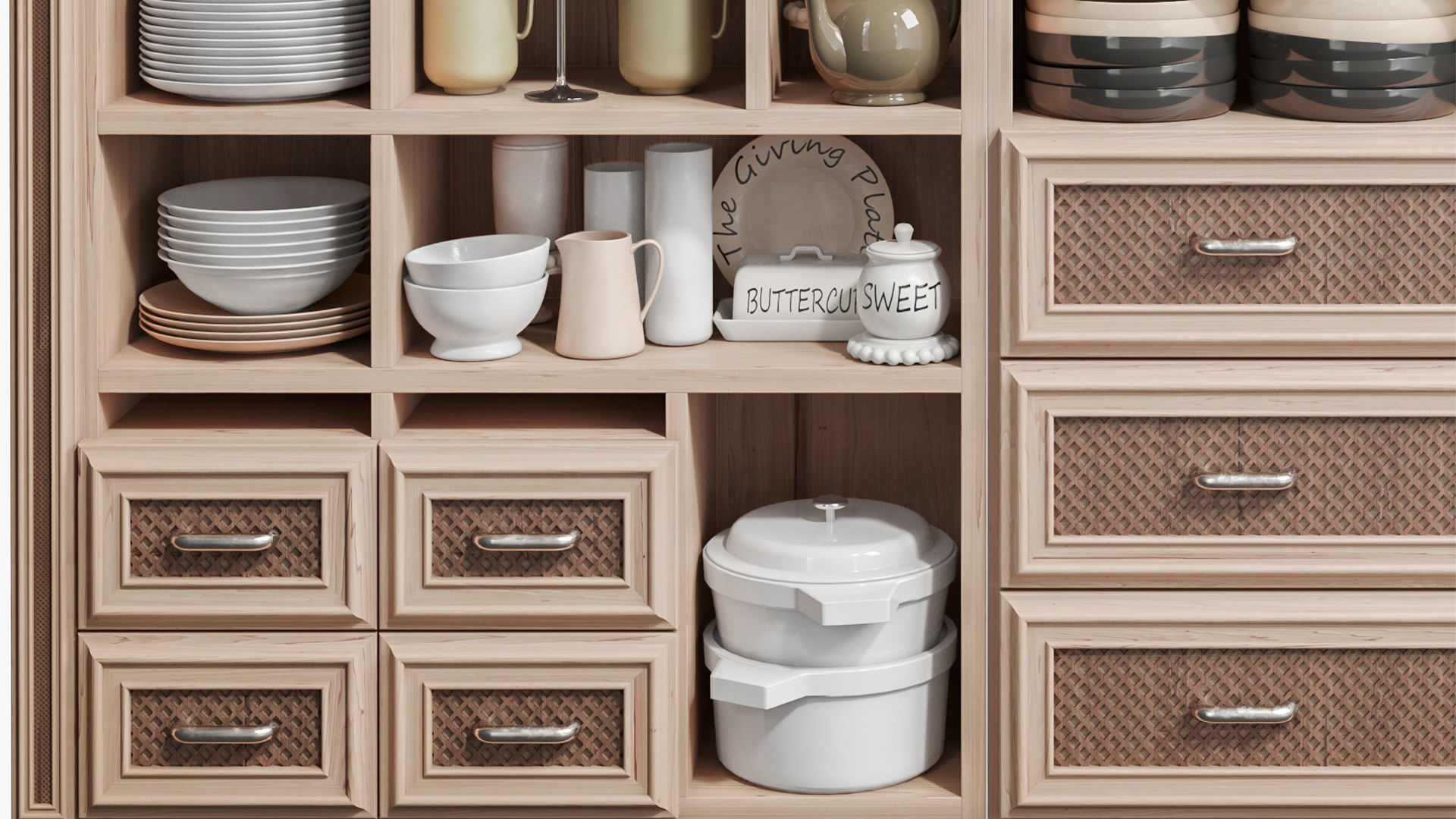 A cupboard with dishes kitchen utensils and a set of dishes 3D model_4