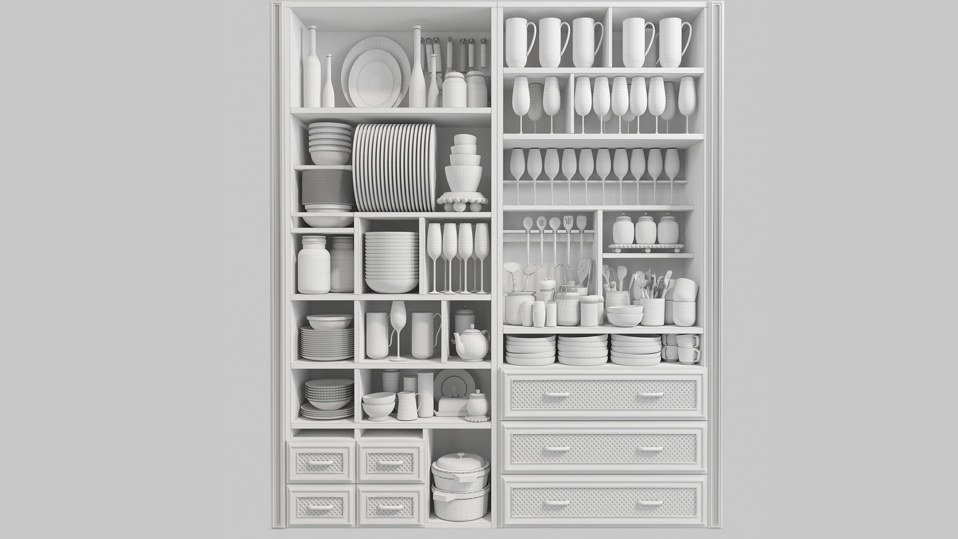 A cupboard with dishes kitchen utensils and a set of dishes 3D model_1