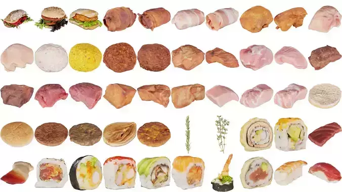 54 Burger Fondue Sushi Meat and Fish Superbundle 3D Model Collection
