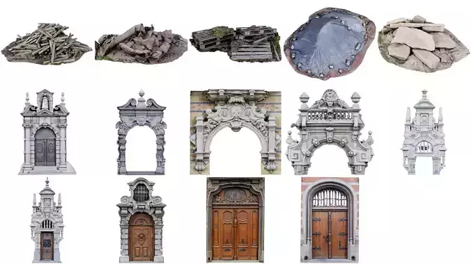 14 Exterior elements Doors Architecture and Rubble Superbundle 3D Model Collection