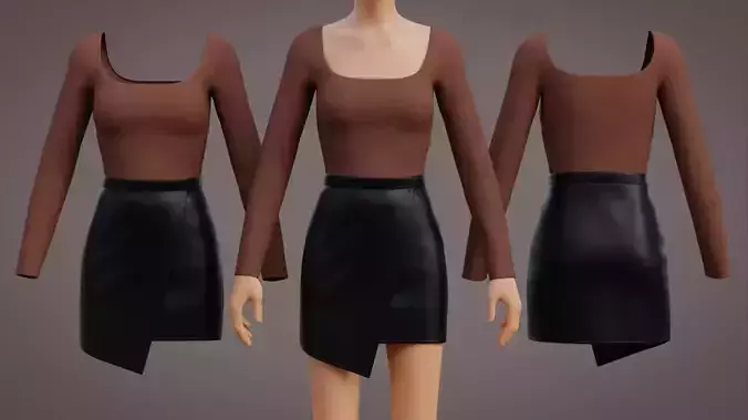 Stylish Leather Mini Skirt and Square Neck Blouse Sexy Outfit 