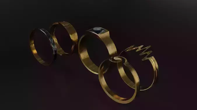 Realistic Low-Poly Golden Rings 3D Pack 5 Pieces