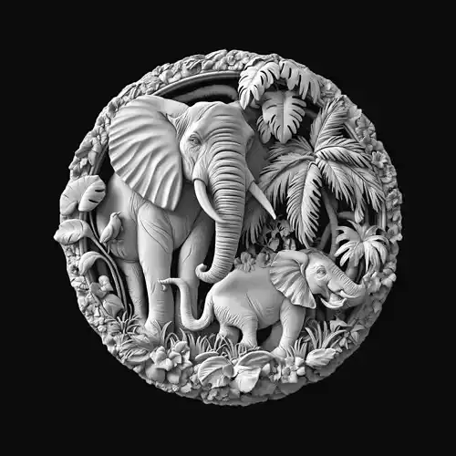 Elephant Family with Palm Trees Sculpture