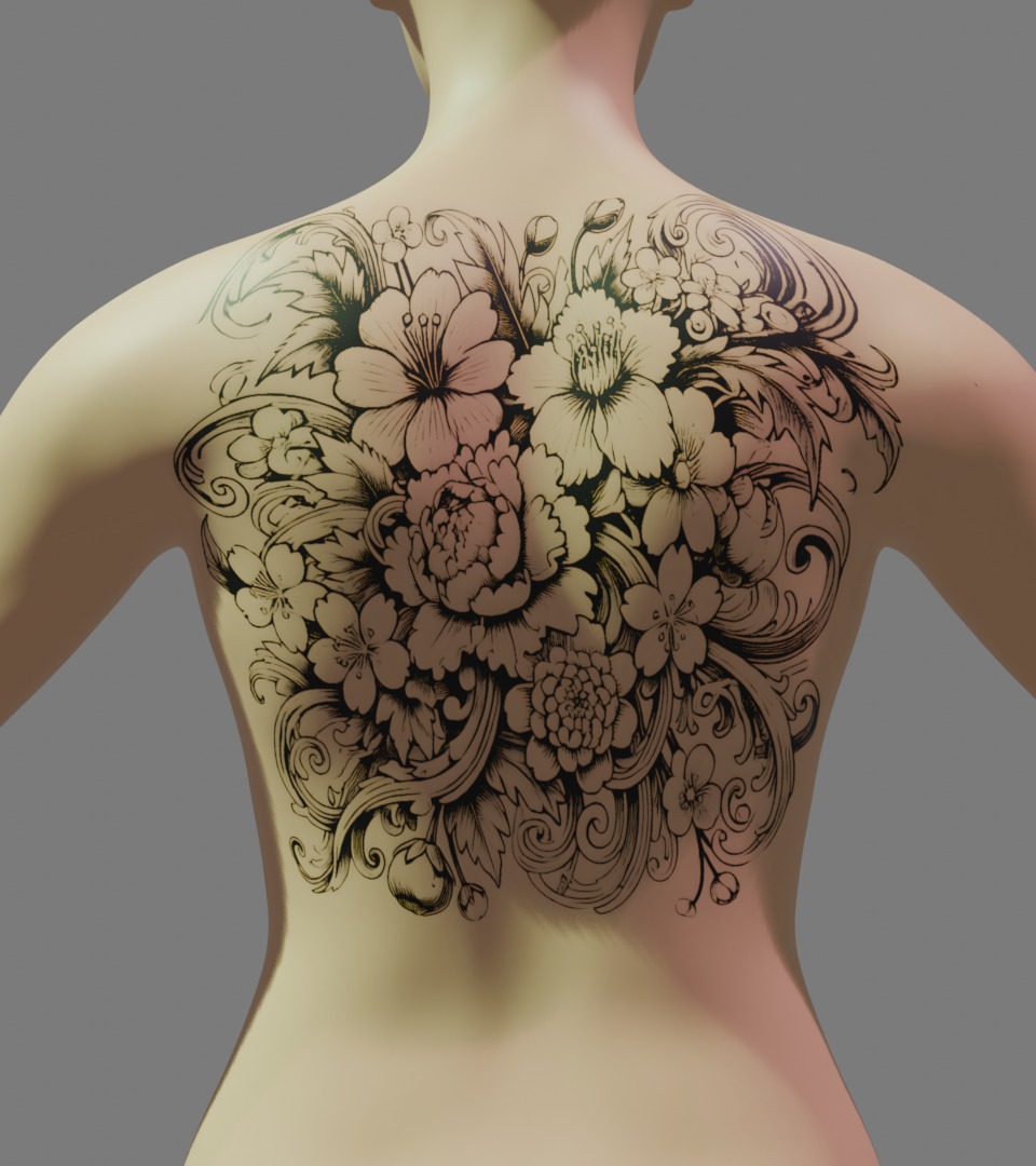 Tattoo Artist Floral Design for Female Back - Procreate 3D model_1