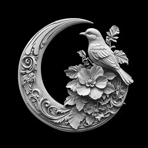 Celestial Harmony Bird and Moon with Floral Elegance
