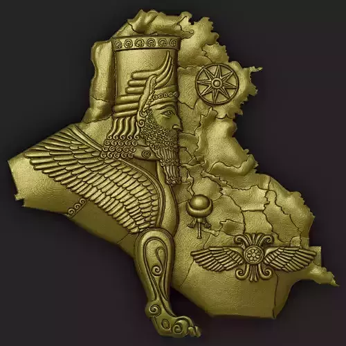 iraqi Map with Assyrian Winged Bull Relief Iraq 3D Art 3D print model