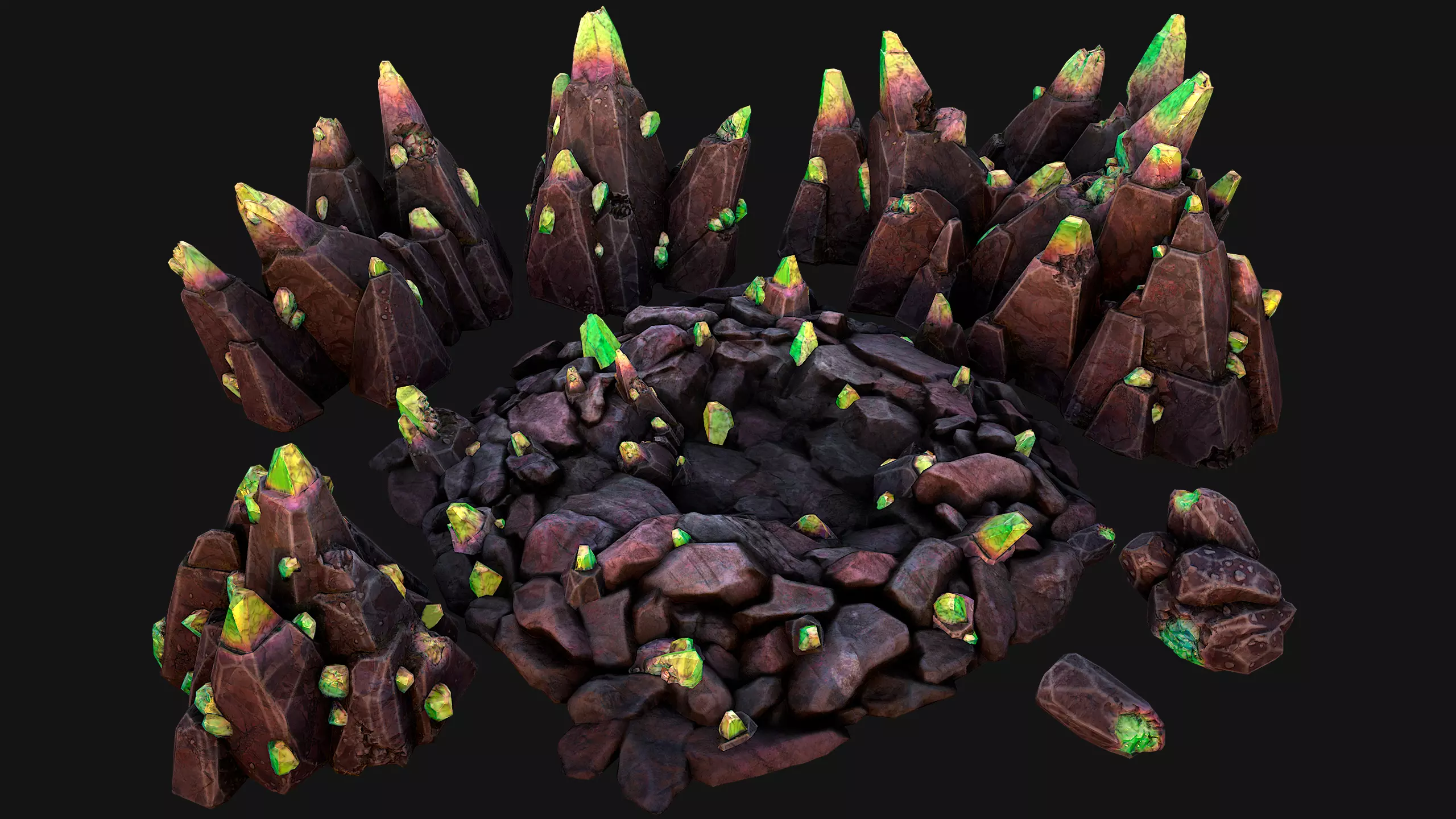 Green Crystals Minerals Ore Cave Low-poly 3D model
