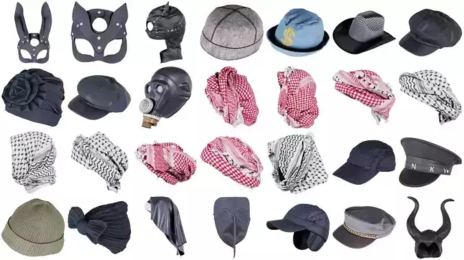43 Hats Headwear Scarf Mask Superbundle 3D Model Collection