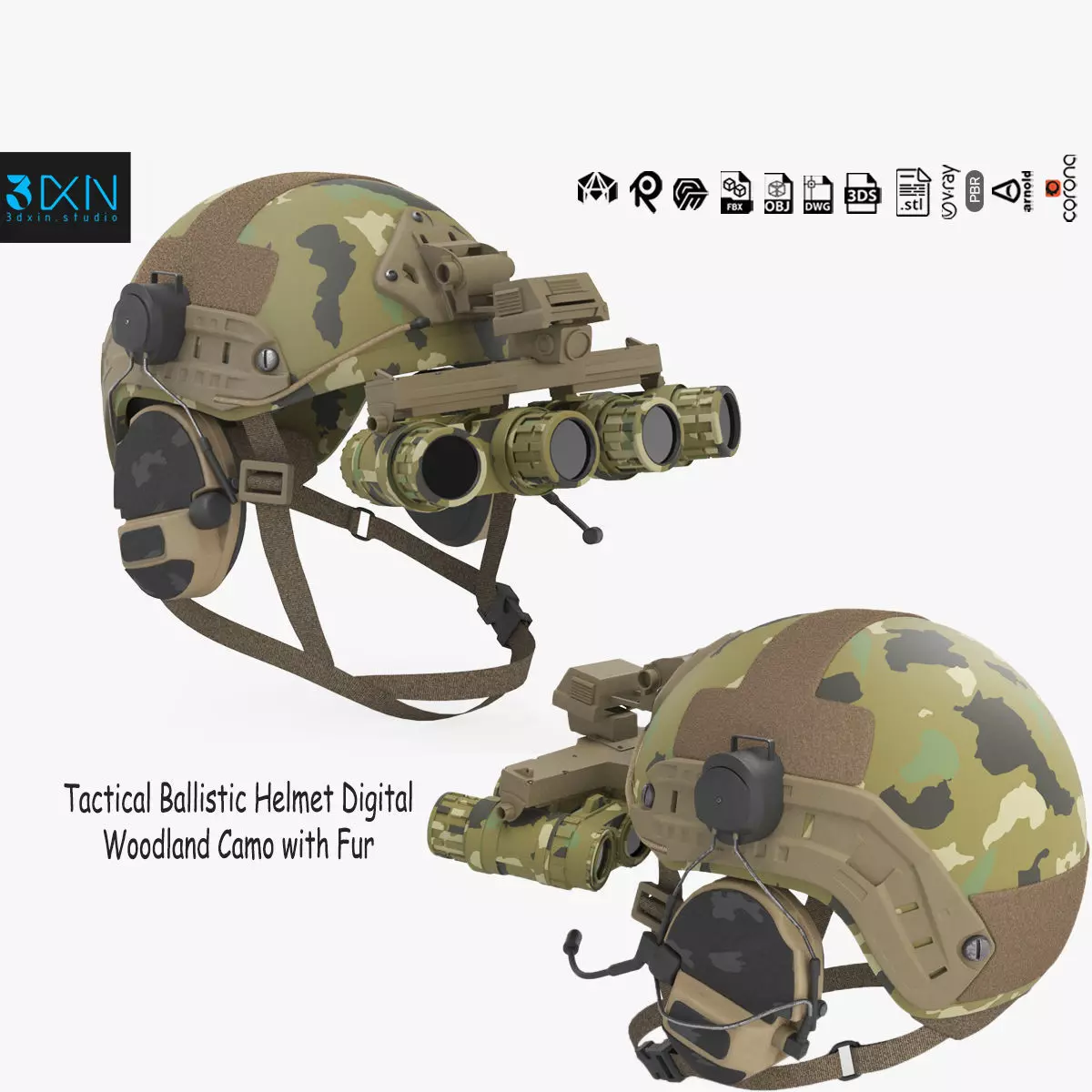 Tactical Ballistic Helmet Digital Woodland Camo with Fur 3D model_0