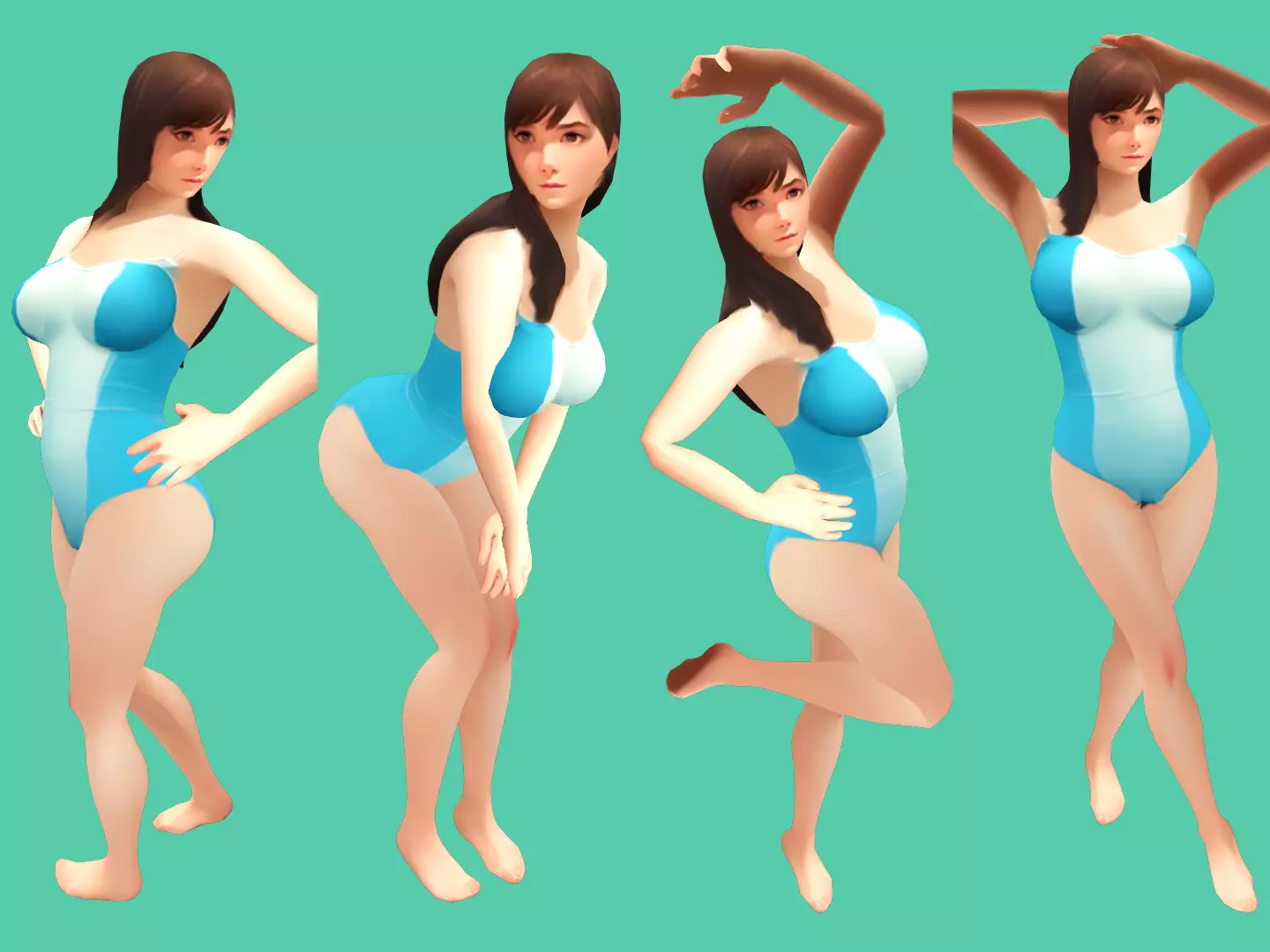 Female Teen Asian Blue Swimsuit Low-poly 3D model_0