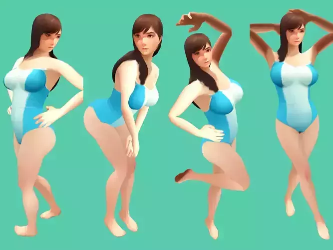 Female Teen Asian Blue Swimsuit Low-poly 3D model