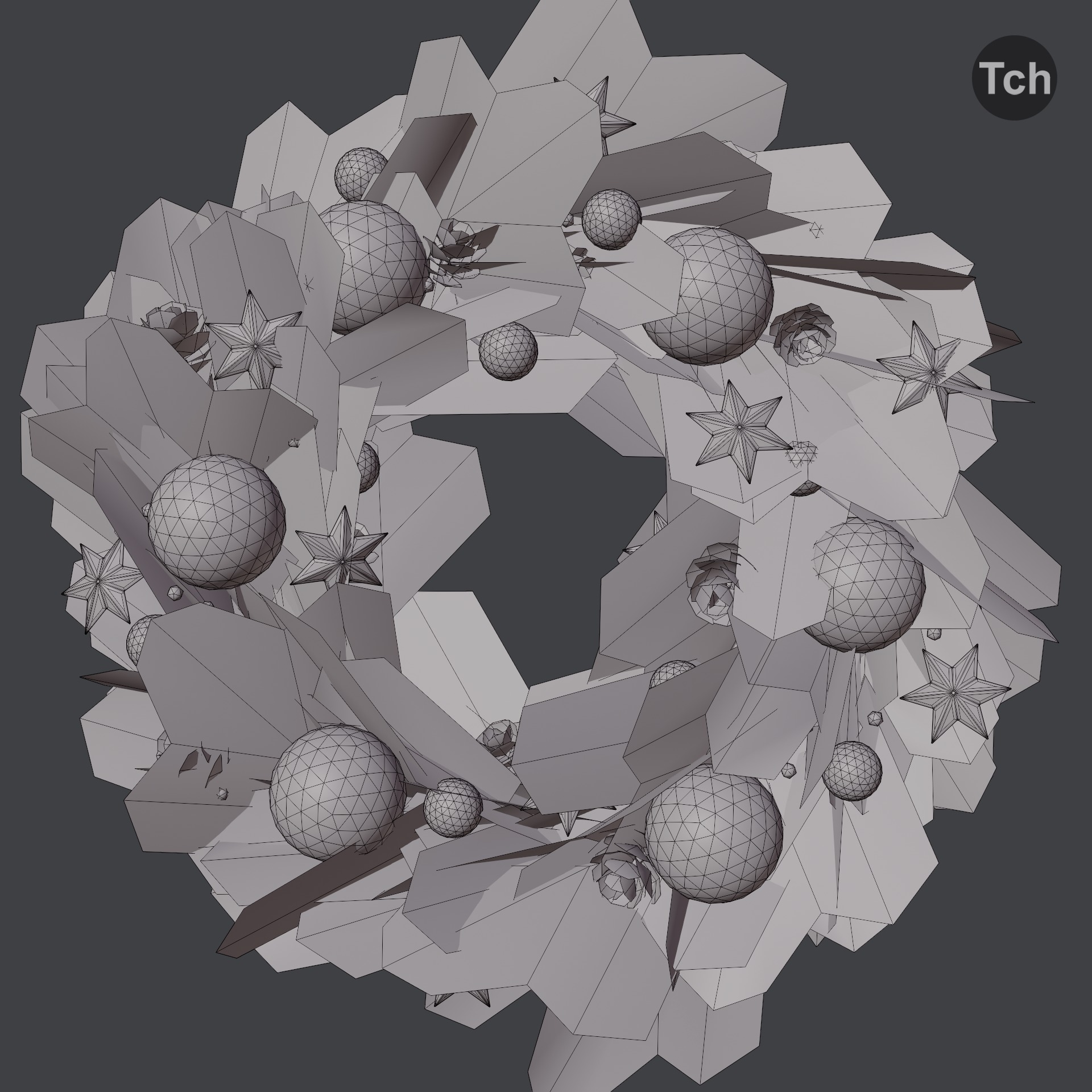 Christmas wreath in classic style Low-poly 3D model_3