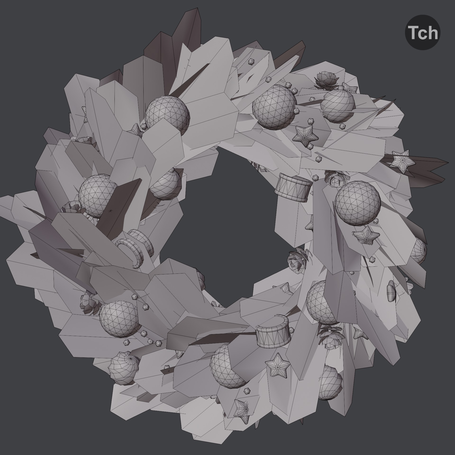 Christmas wreath in old style Low-poly 3D model_3