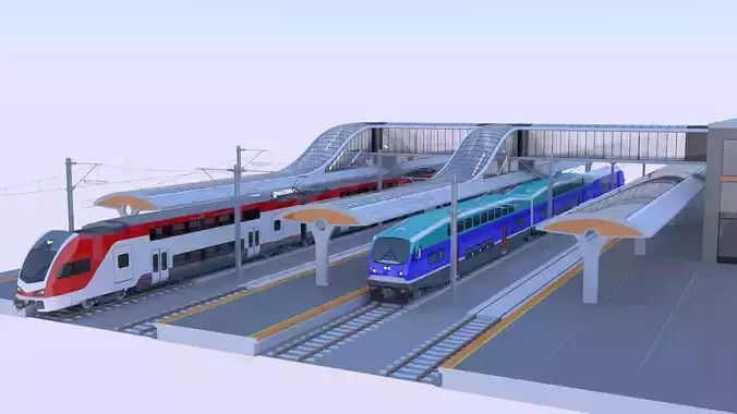 Station with doubledeck trains 3D model