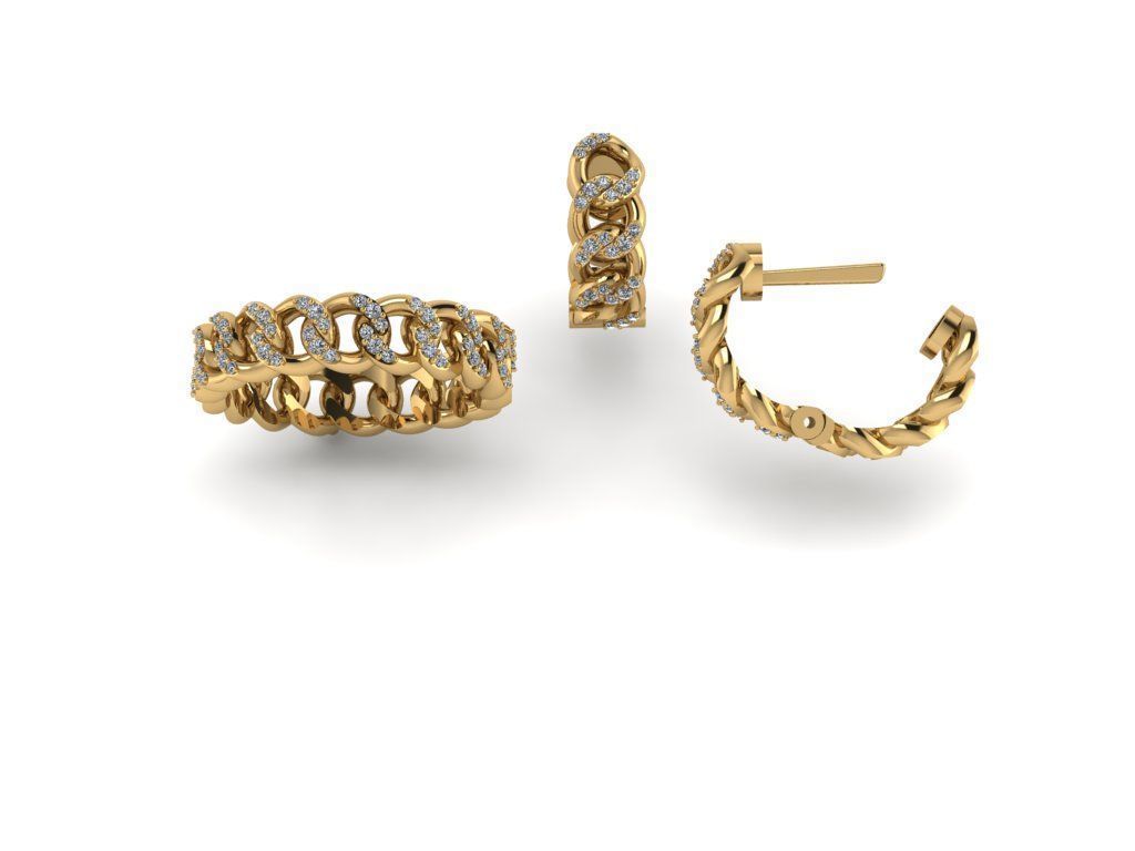 Cuban ring earrings set diamond 3D print model_1