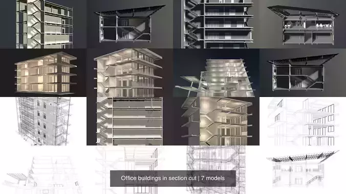 Office buildings in section cut set 01 3D Model Collection