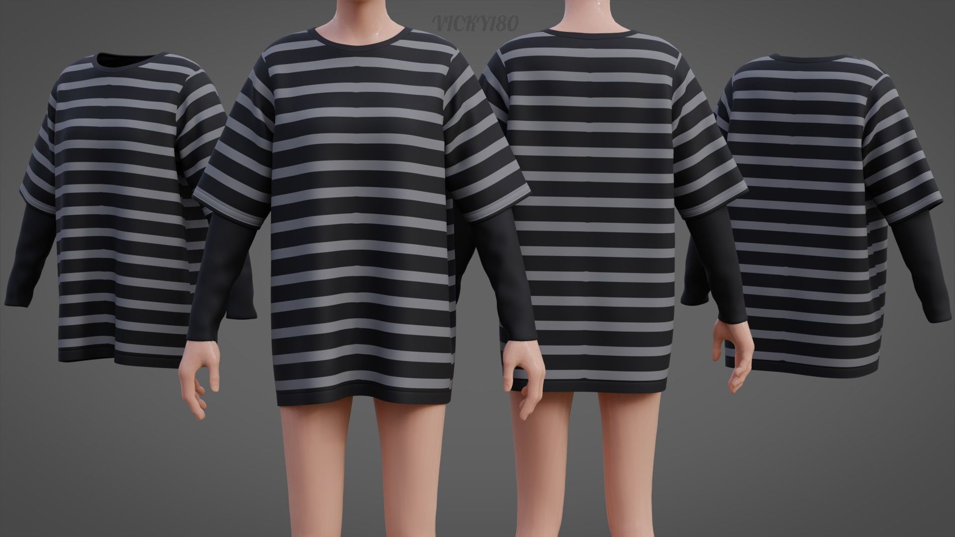 Harajuku Stripe T-Shirt Oversized Long Sleeves Goth Grunge Shirt Low-poly 3D model_3