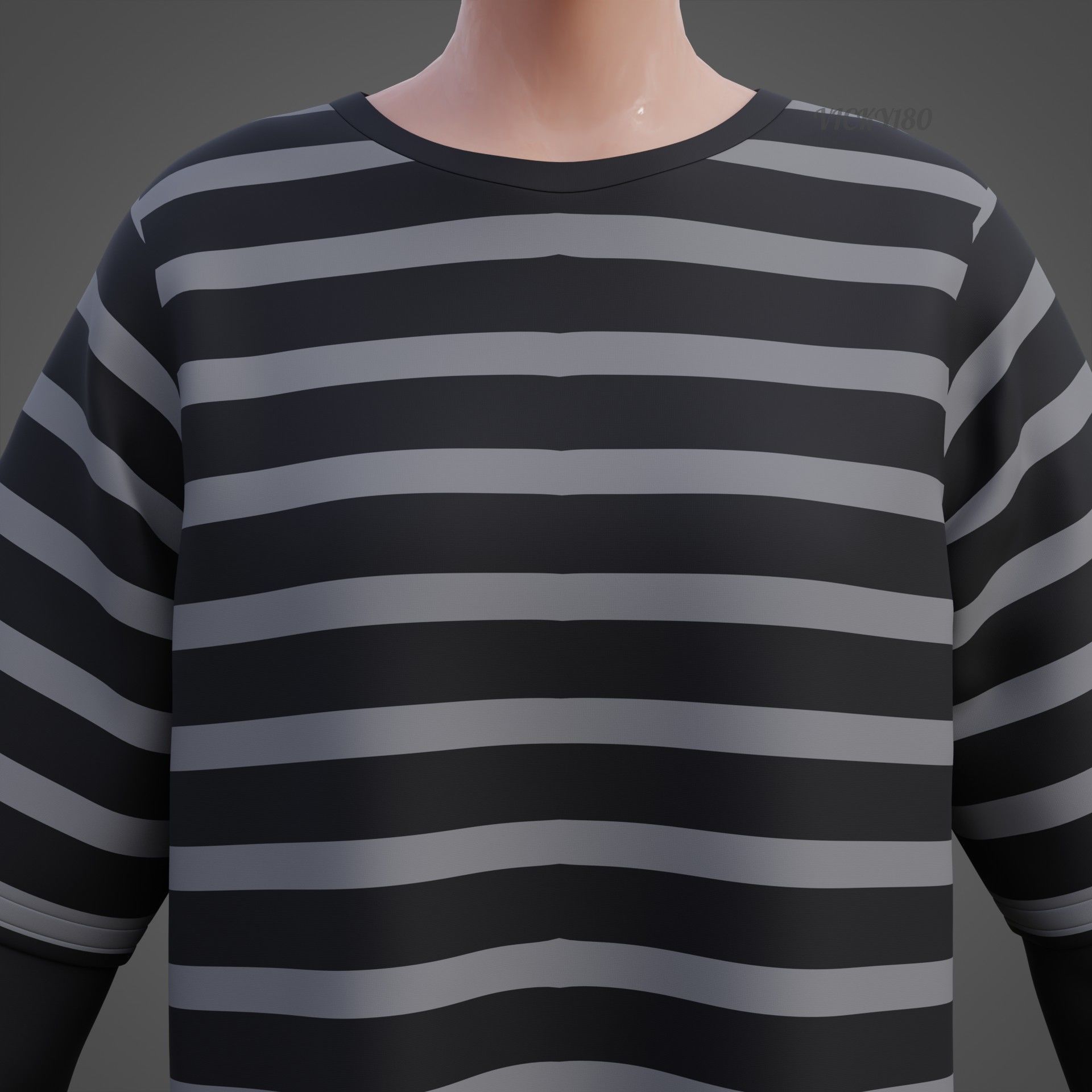 Harajuku Stripe T-Shirt Oversized Long Sleeves Goth Grunge Shirt Low-poly 3D model_15