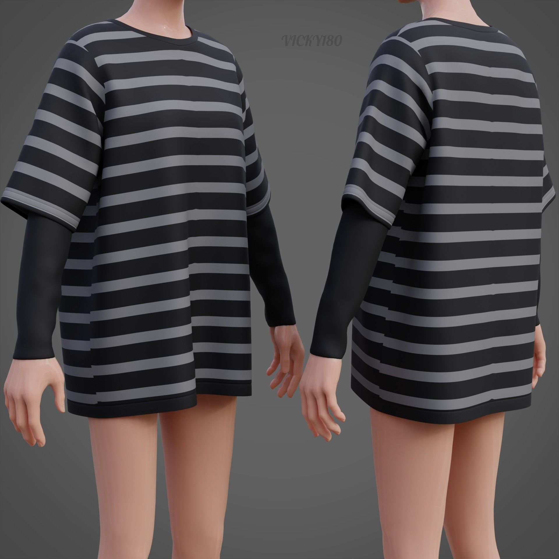 Harajuku Stripe T-Shirt Oversized Long Sleeves Goth Grunge Shirt Low-poly 3D model_5