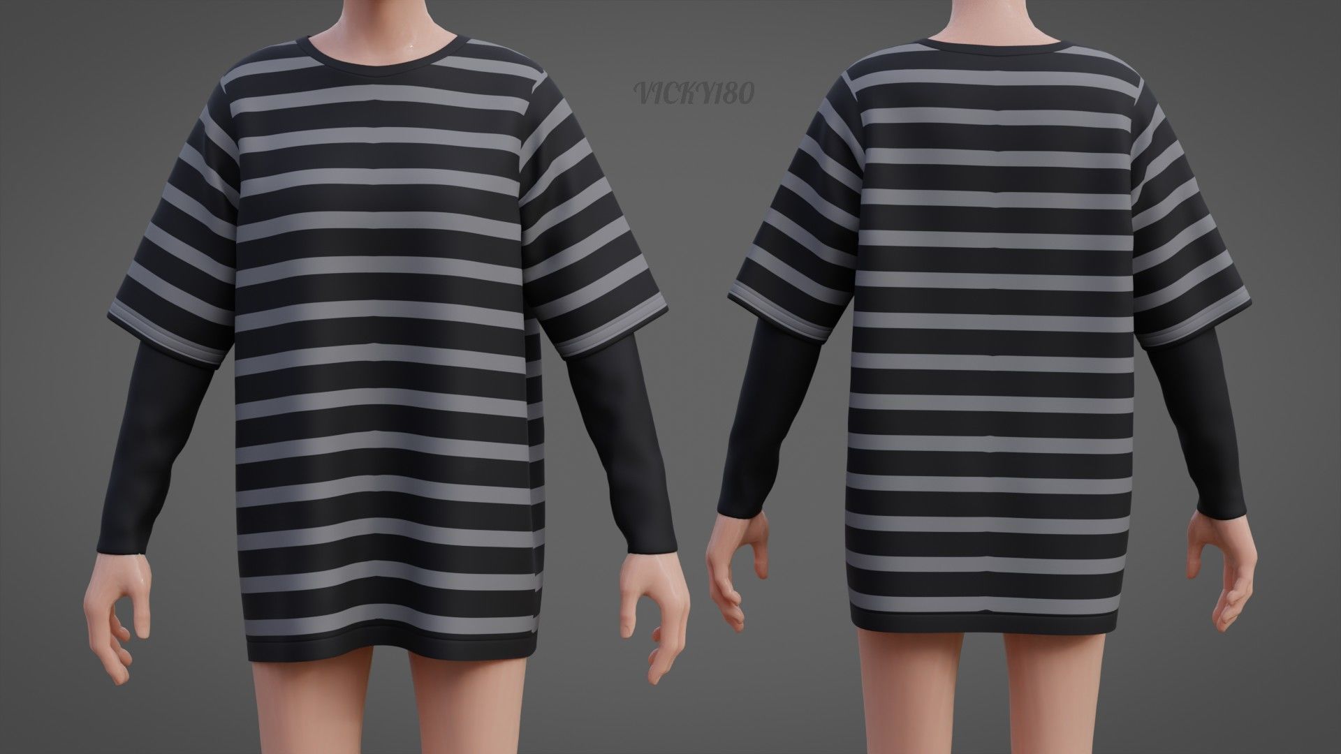 Harajuku Stripe T-Shirt Oversized Long Sleeves Goth Grunge Shirt Low-poly 3D model_6