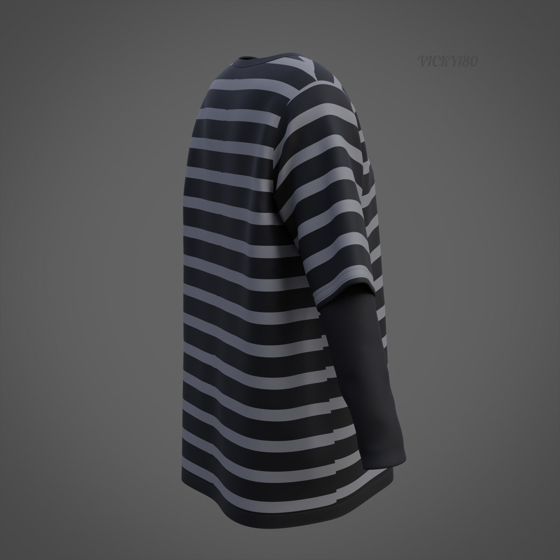 Harajuku Stripe T-Shirt Oversized Long Sleeves Goth Grunge Shirt Low-poly 3D model_26