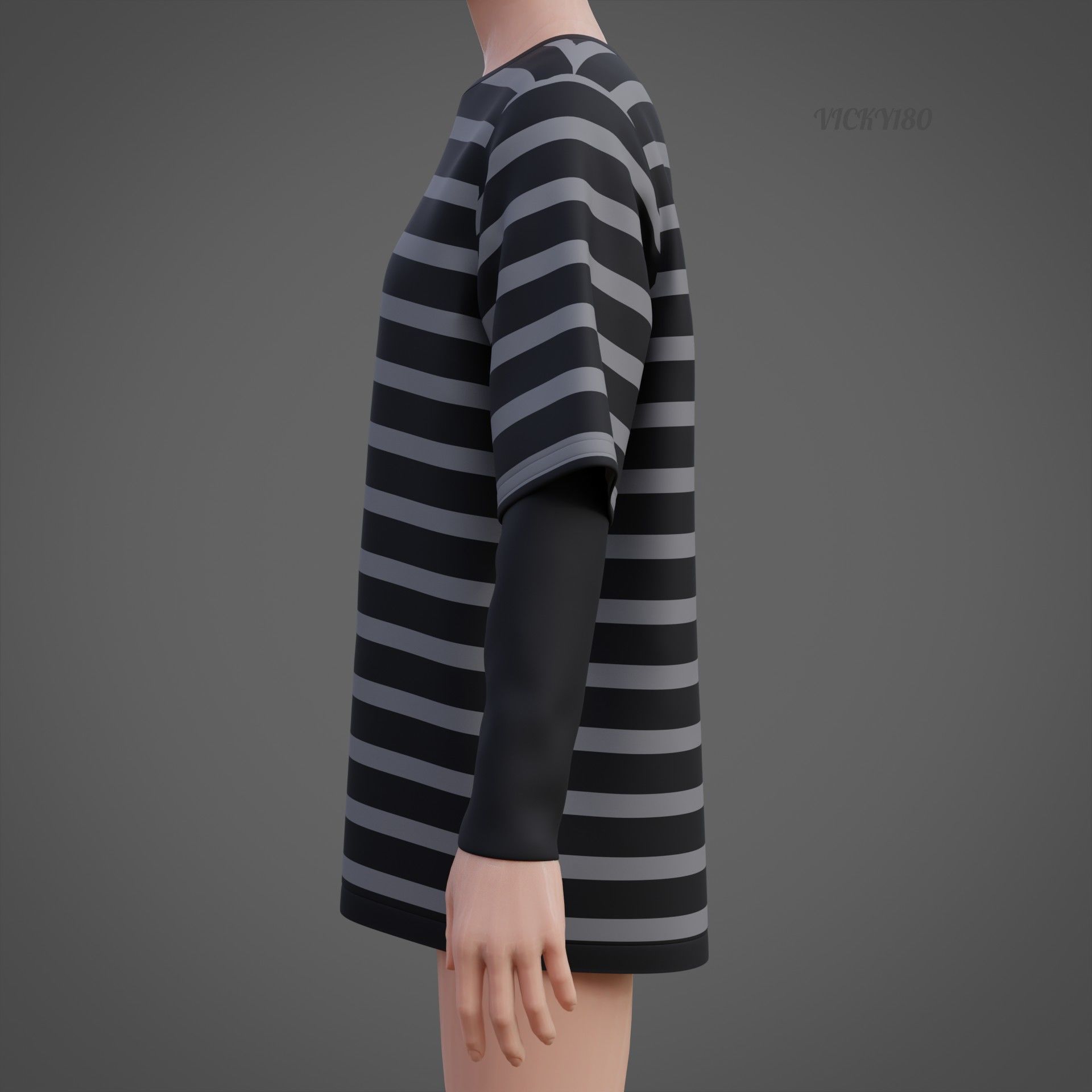 Harajuku Stripe T-Shirt Oversized Long Sleeves Goth Grunge Shirt Low-poly 3D model_12