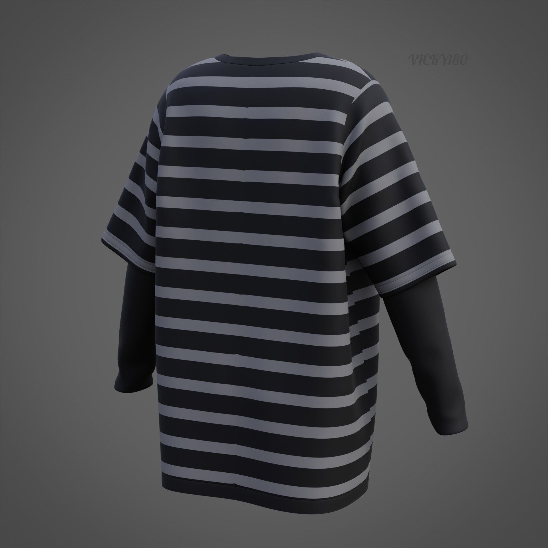 Harajuku Stripe T-Shirt Oversized Long Sleeves Goth Grunge Shirt Low-poly 3D model_27