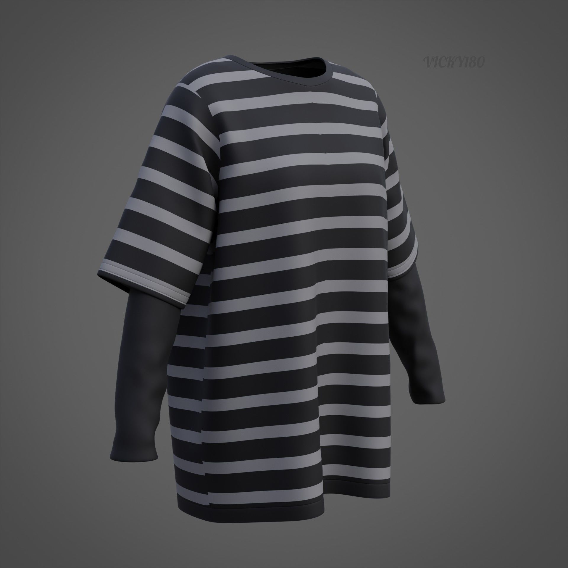 Harajuku Stripe T-Shirt Oversized Long Sleeves Goth Grunge Shirt Low-poly 3D model_24