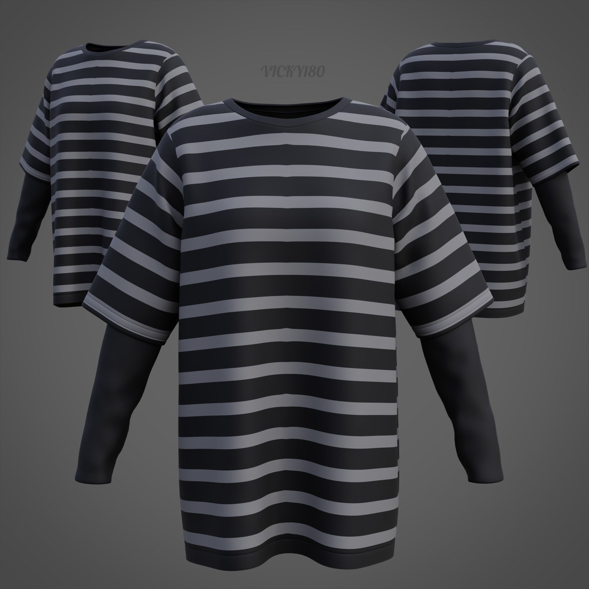 Harajuku Stripe T-Shirt Oversized Long Sleeves Goth Grunge Shirt Low-poly 3D model_4