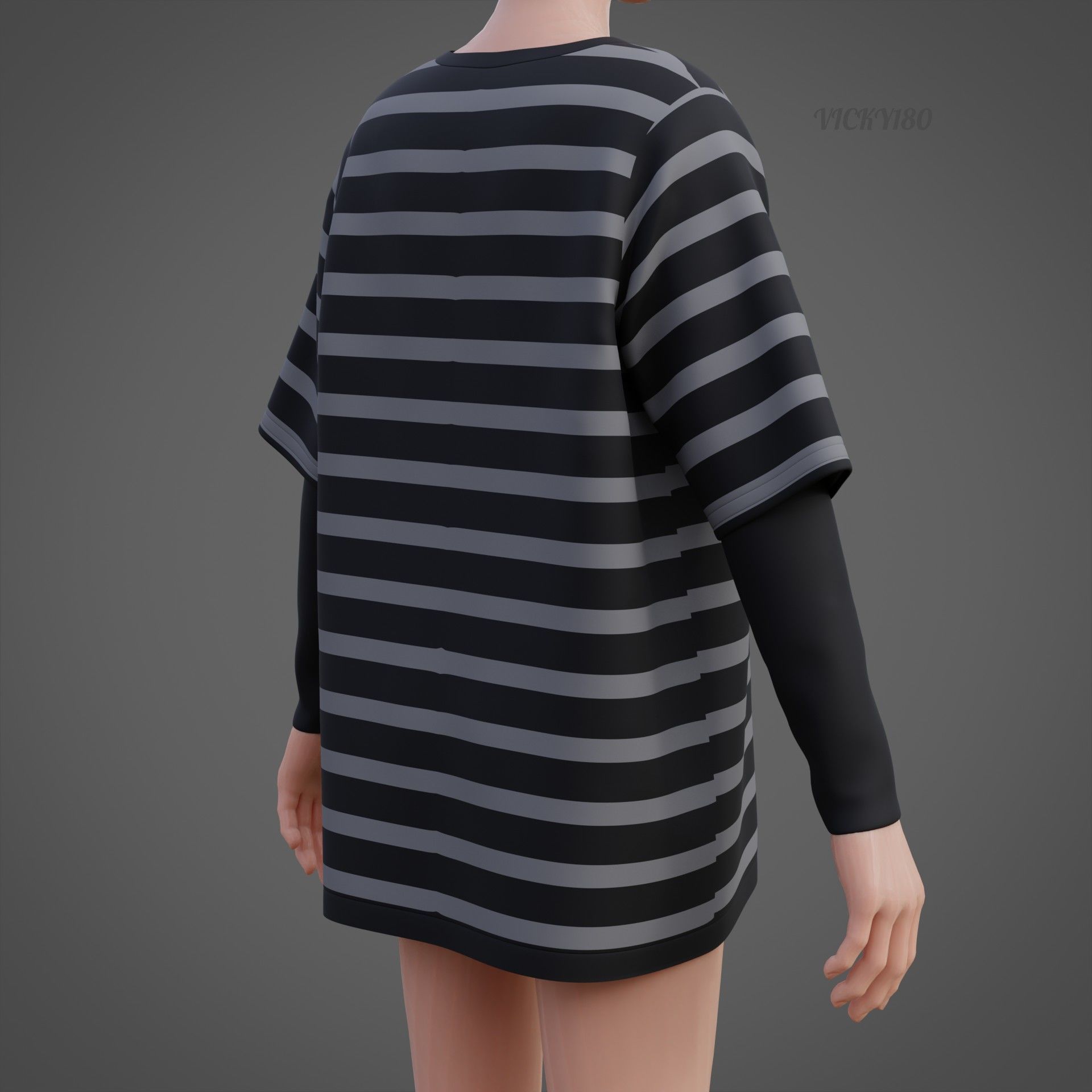 Harajuku Stripe T-Shirt Oversized Long Sleeves Goth Grunge Shirt Low-poly 3D model_13