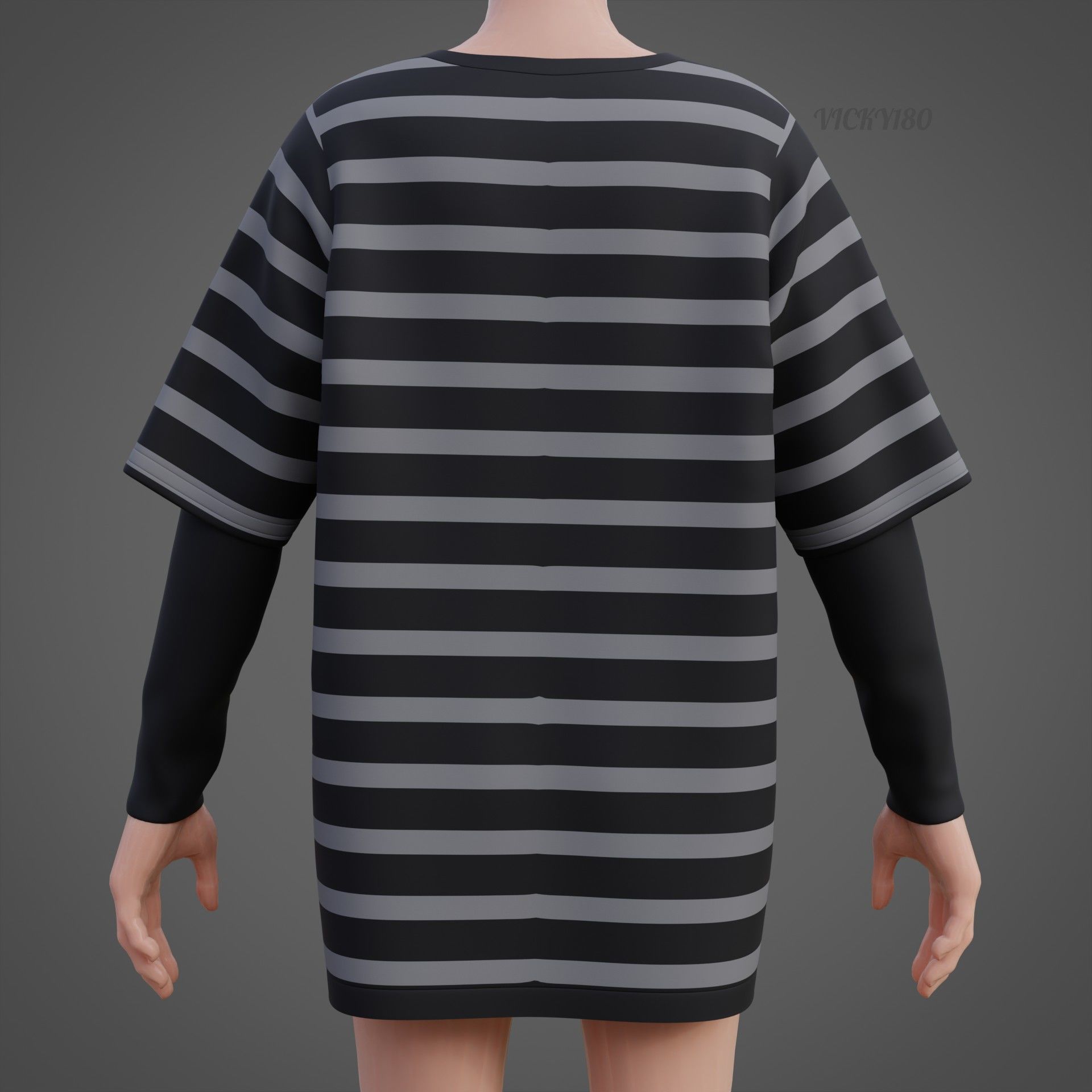 Harajuku Stripe T-Shirt Oversized Long Sleeves Goth Grunge Shirt Low-poly 3D model_11