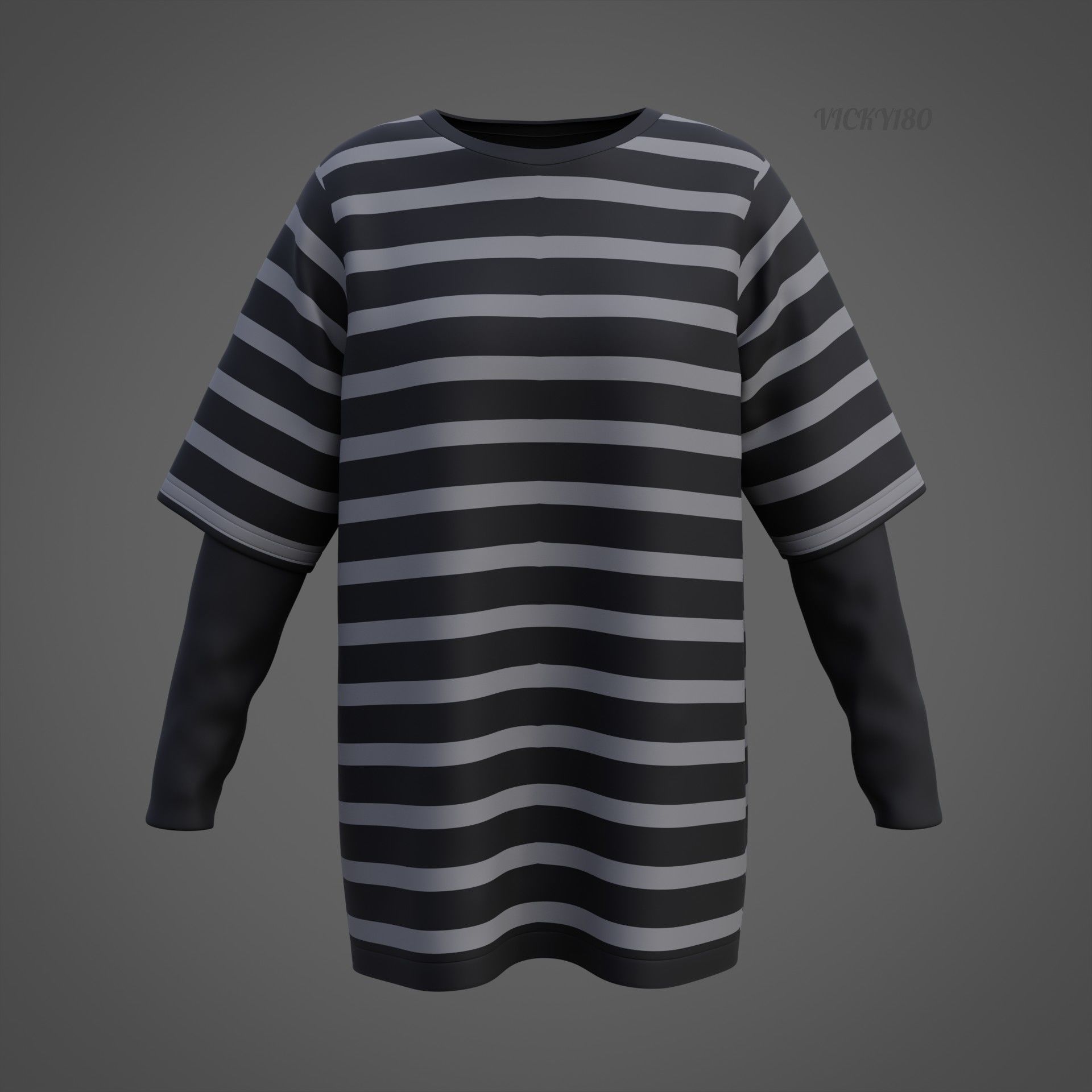 Harajuku Stripe T-Shirt Oversized Long Sleeves Goth Grunge Shirt Low-poly 3D model_23