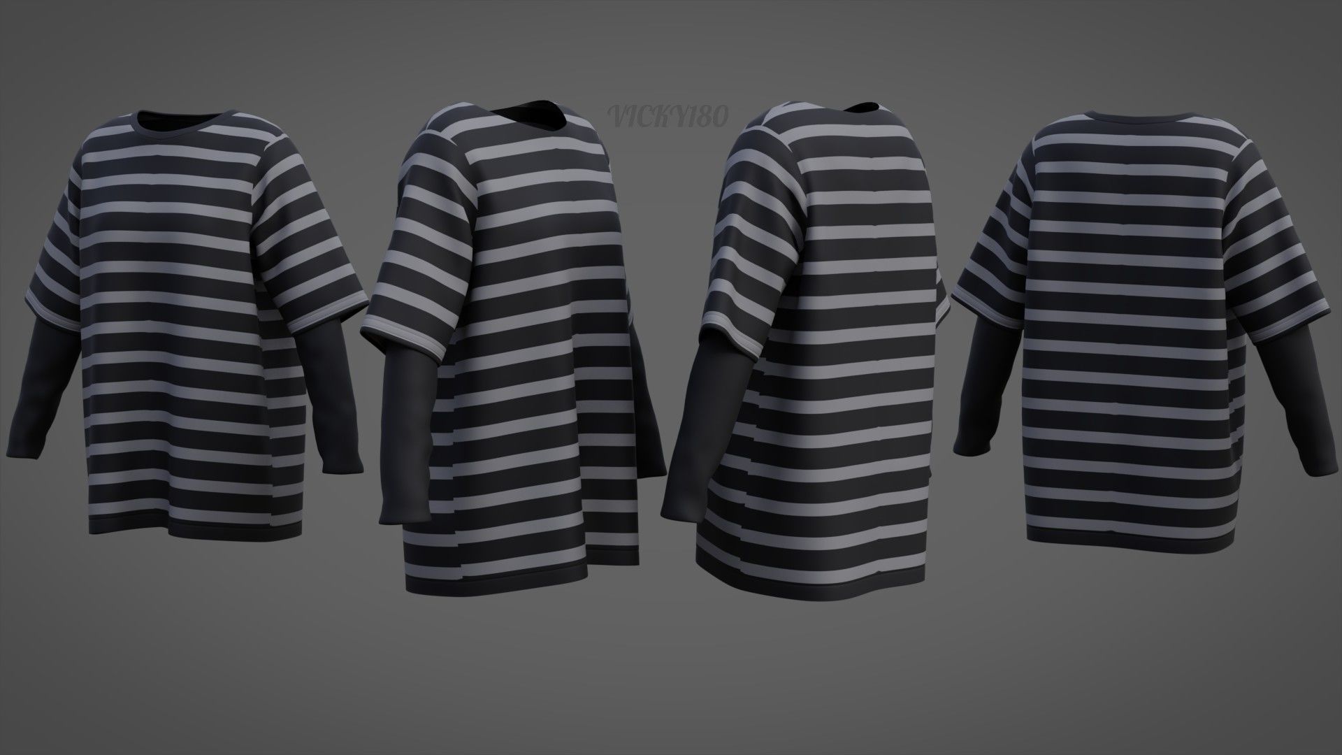 Harajuku Stripe T-Shirt Oversized Long Sleeves Goth Grunge Shirt Low-poly 3D model_2