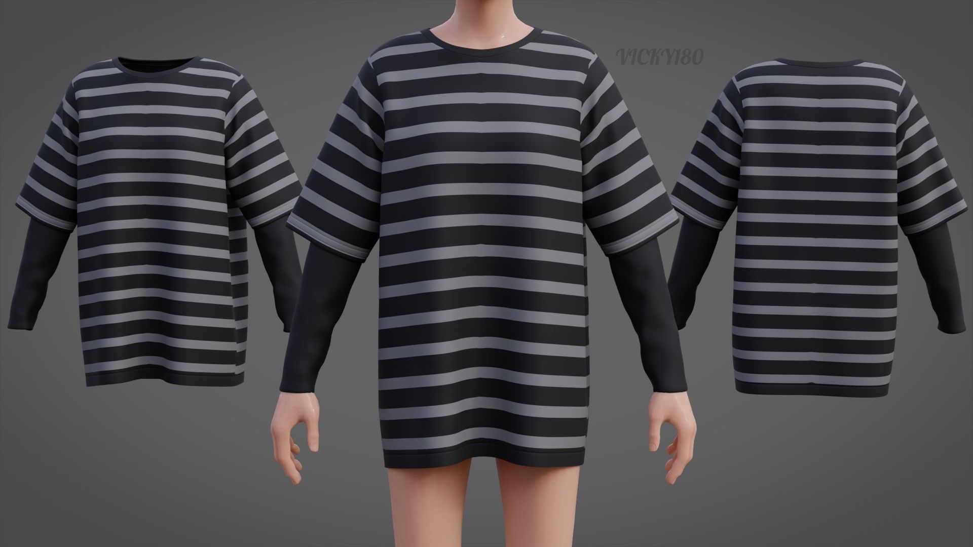 Harajuku Stripe T-Shirt Oversized Long Sleeves Goth Grunge Shirt Low-poly 3D model_1