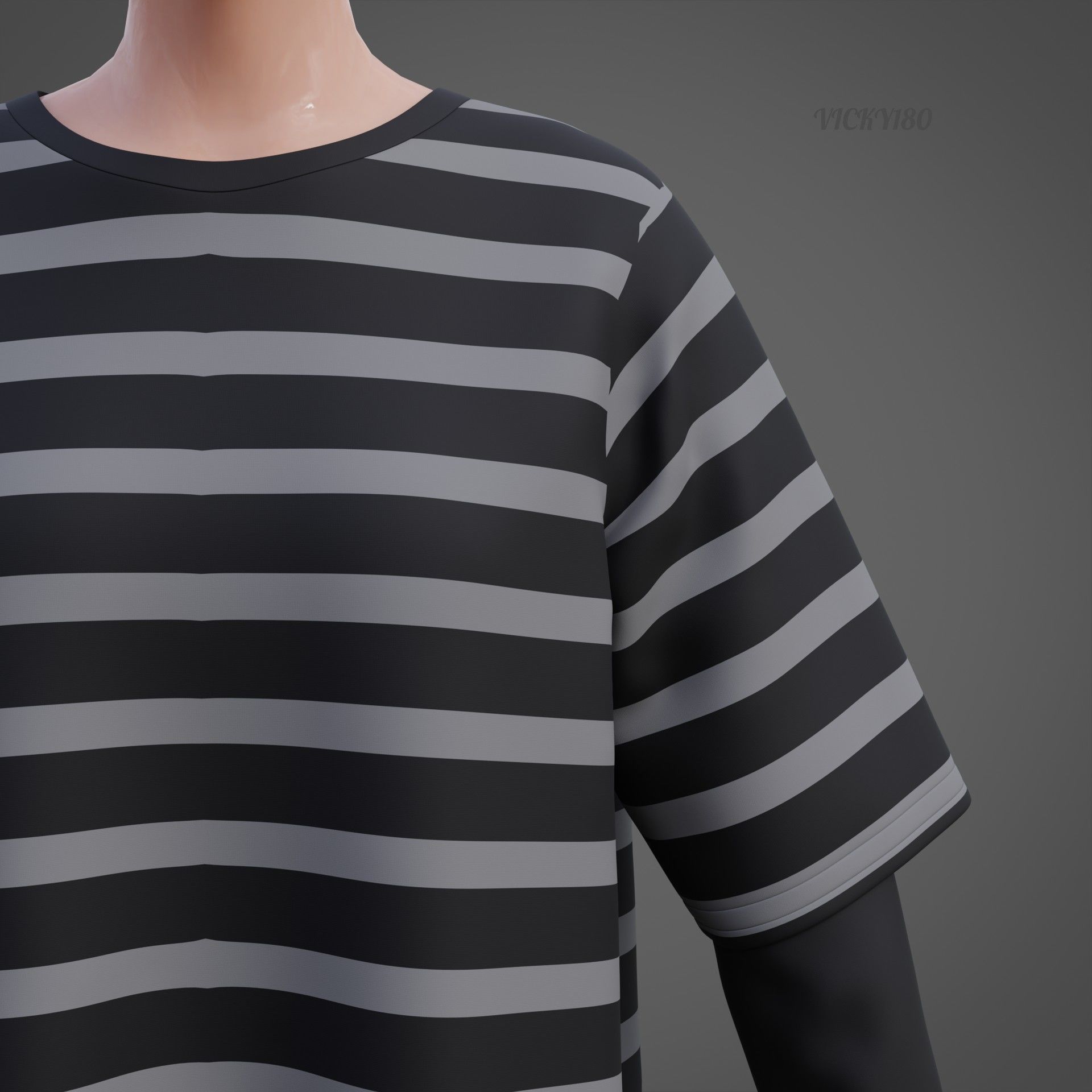 Harajuku Stripe T-Shirt Oversized Long Sleeves Goth Grunge Shirt Low-poly 3D model_16