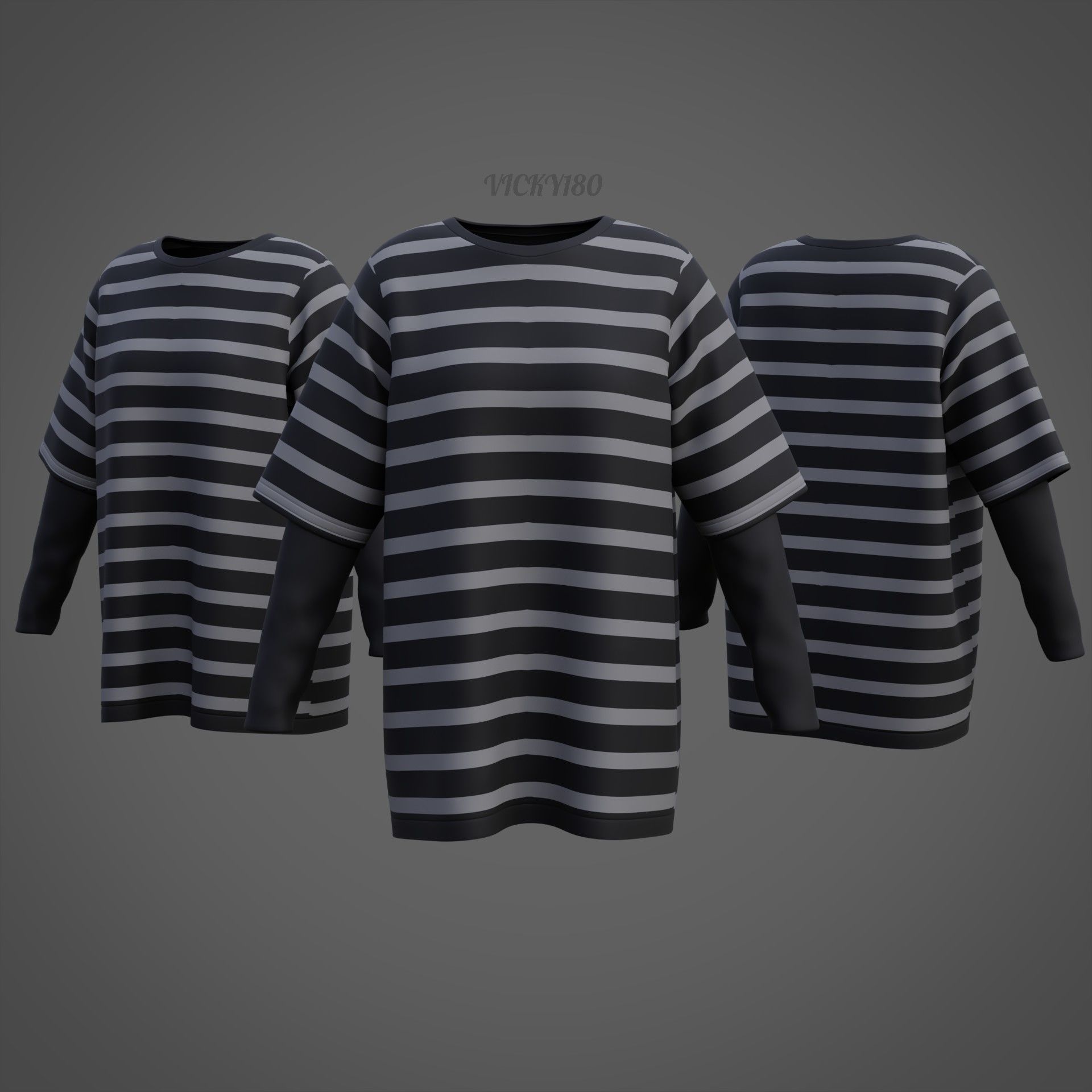 Harajuku Stripe T-Shirt Oversized Long Sleeves Goth Grunge Shirt Low-poly 3D model_33
